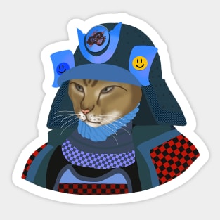 Cat samurai in blue helmet Sticker